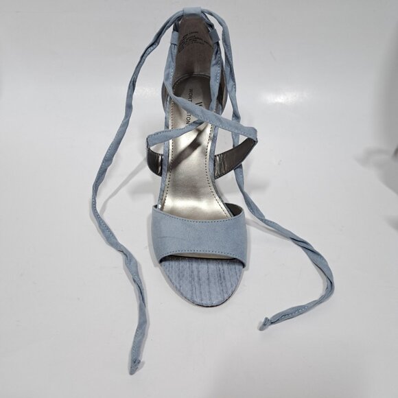 Worthington Suede High Heels Shoes Blue Gray Ankle Strappy Lace Up Tie 7.5 Pumps - Picture 4 of 6